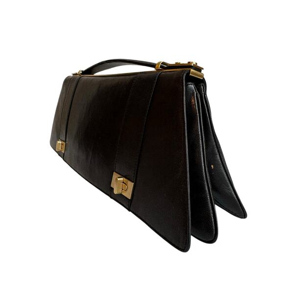 Alexis Hudson Black Leather Top Handle Bag – Y2K Purse w/ Gold Turnlock Accents - Picture 3 of 11